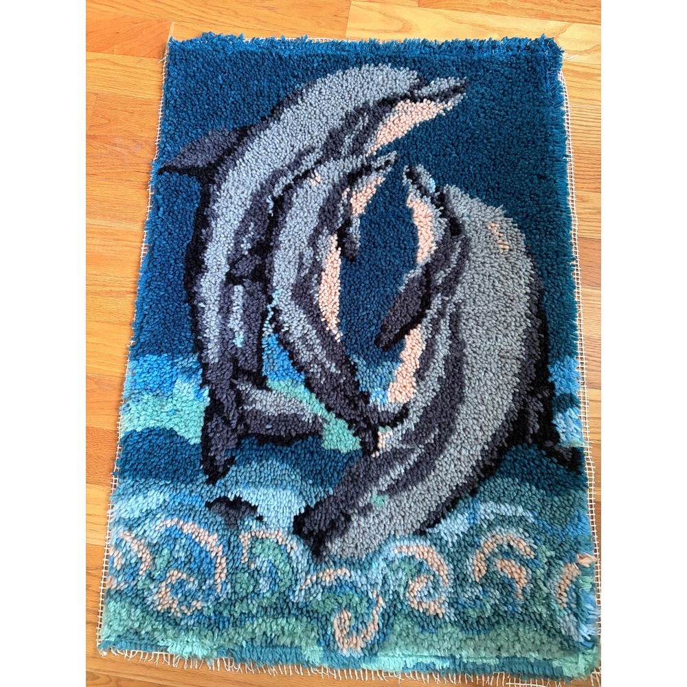 Vintage Latch & Hook Handmade Textile Yarn Rug Wall Hanging Dolphins Art 70s
